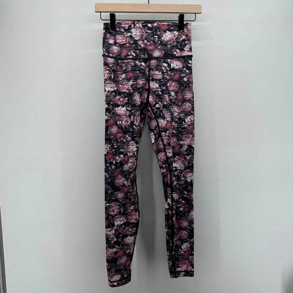 Lululemon Wunder Under Tight Womens 6 Nulux Pink Black Peony Floral Leggings